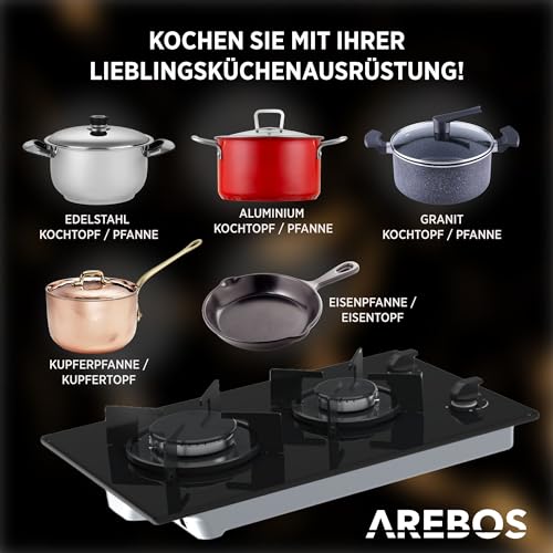 Foto von Arebos Gaskochfeld 30cm 2 Brenner | Gasherd aus gehärtetem Glas | Einbaukochfeld mit Gusseisen-Topfträgern | Erdgas & Propangas | Gaskocher mit integrierte Zündsicherung