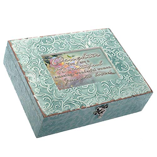 Elanze Designs Daughter You are a Beautiful Woman Embossed Teal Filigree Music Box