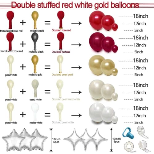 Image of Rose Red White Balloon Arch Double Stuffed Burgundy Gold Pearl Balloon Kit | Fuchsia sand white gold sliver star foil balloon garland for Birthday Wedding Bridal Shower Christmas Valentines party decor
