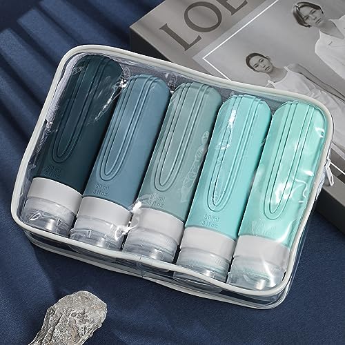 Image of Travel Bottles for Toiletries, 5 Pack TSA Approved Travel Size Containers, 3oz Leak Proof Refillable Travel Accessories for Shampoo Conditioner, BPA Free Travel Bottles with Toiletry Bag