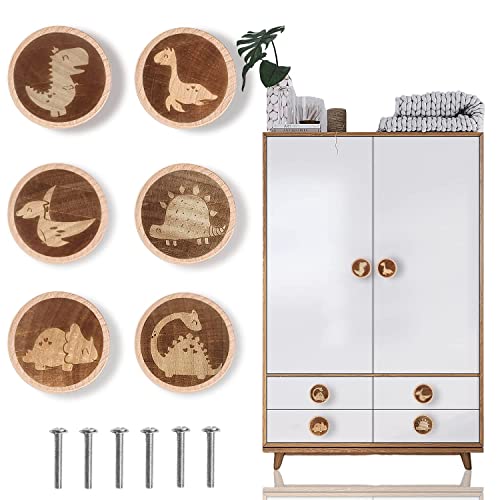 Image of ziyue 6 Pack Wooden Drawer Knobs(40MM/1.57"), Dinosaur Wooden Knobs for Nursery Room, Kids Dresser Knobs Cabinet Pulls Handles with 6 Screws