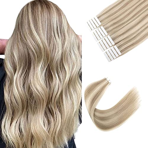 Image of Sixstarhair Remy Tape In Hair Extensions Ash Blonde and Ash Brown Piano Color Remy Human Hair Lowlight Hair Extensions 20 Pieces Pack For White Women [P8-60 16inch]