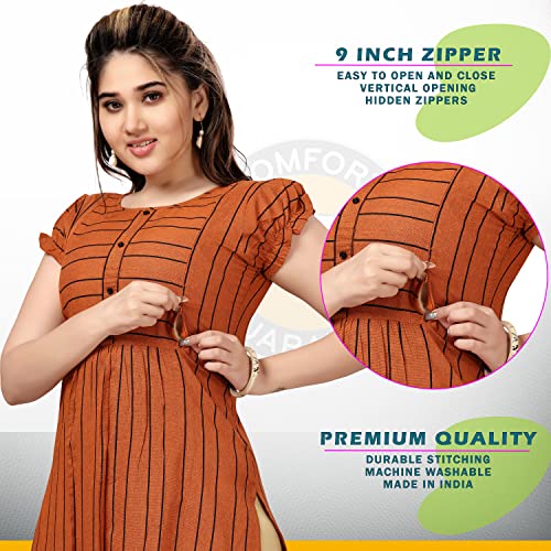 Image of CEE 18 Women's Cotton Rayon A-Line Maternity Feeding Kurti with Zippers(9938 42,Lucious Orange,XL)