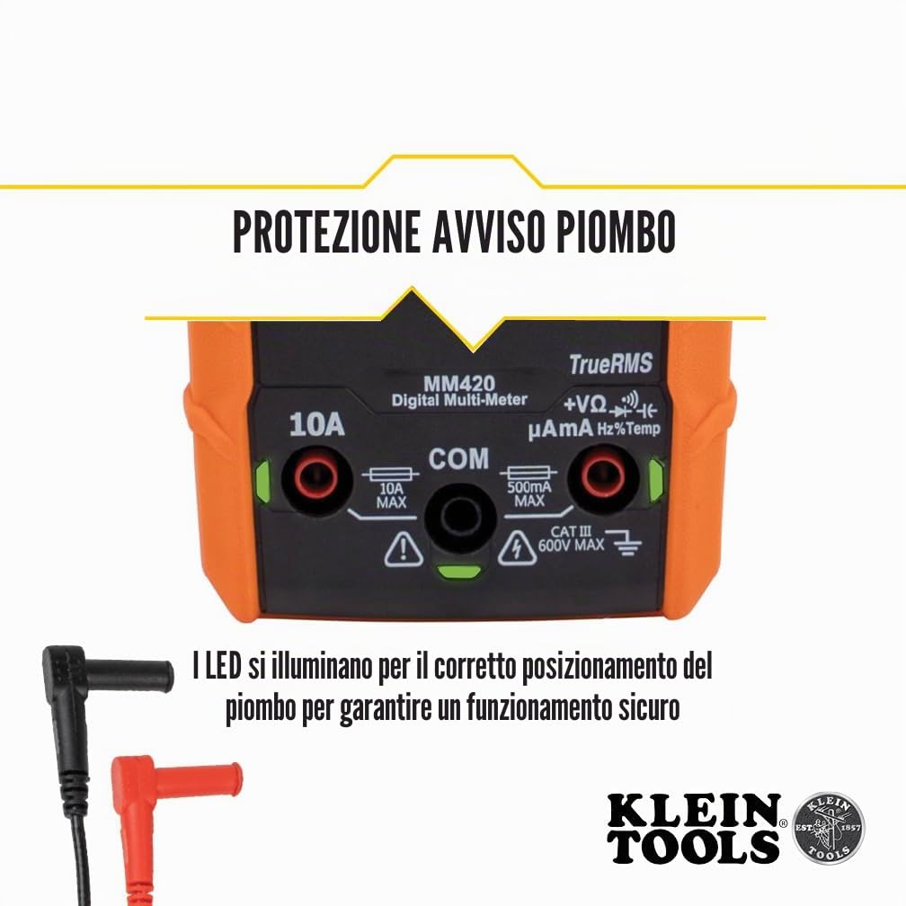 Klein Tools MM420 | Multimetro digitale TRMS auto-rangeante 600 V con temperatura | Misura tensione, corrente, resistenza e altro