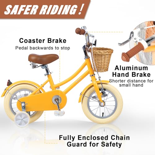 Image of Glerc Little Molly 12-20 Inch Kids Retro Cruiser Bike for 2-13 Year Old with Wicker Basket & Training Wheels /Kickstand, Multiple Colors