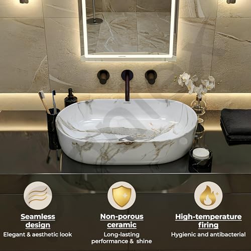 Image of Plantex Oval Ceramic Wash Basin /Tabletop Basin for Bathroom /Washbasin Sink for Home /Office (Glossy White - 21 x 14 x 6 Inch)