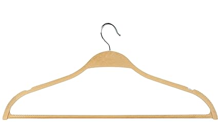 USTECH Wood Like Hanger Bowed Shaped Eco-Friendly with Trouser Bar for Suit, Coat, and Pant | Wood Finish Heavy Duty Clothes Hanger with Shoulder Notch to Hold Strappy Dresses | 50 Pack