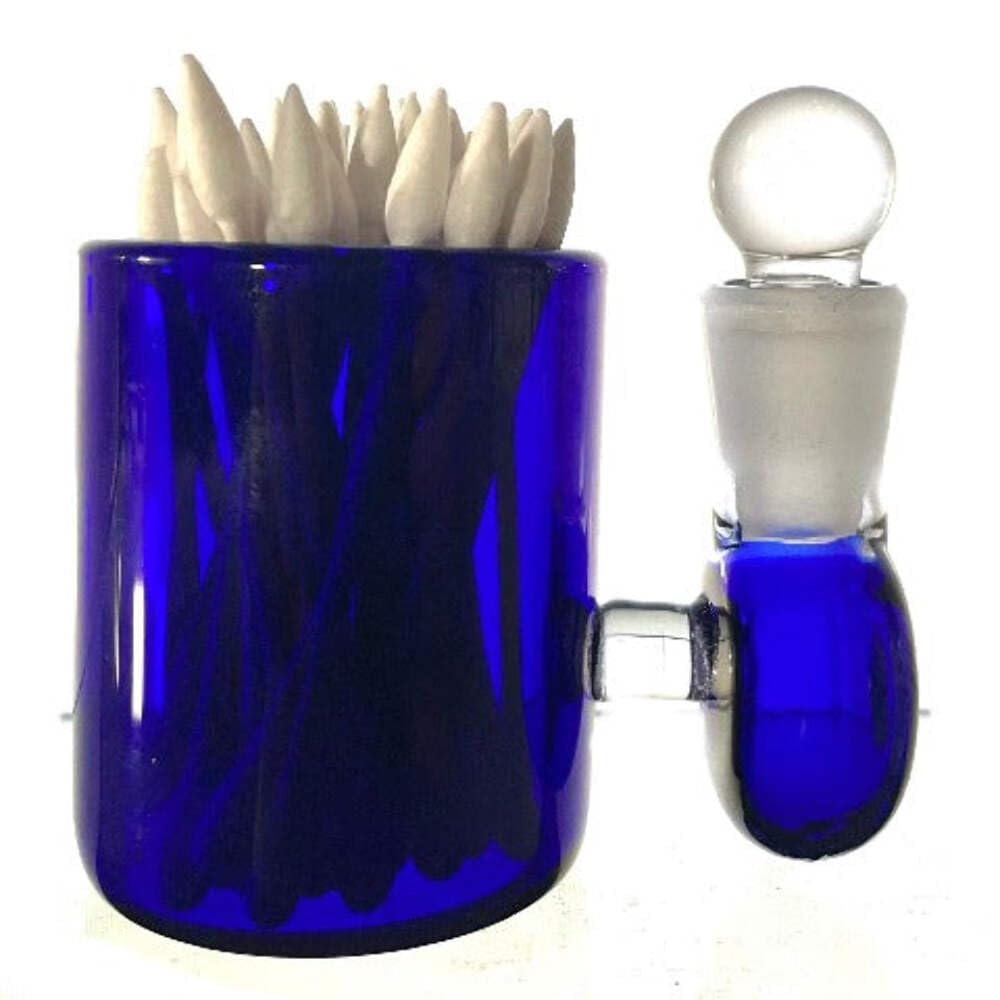 Blue Large 3 Heady Hand Blown Glass Cotton Swab Q-Tip Holder Alcohol ISO Station