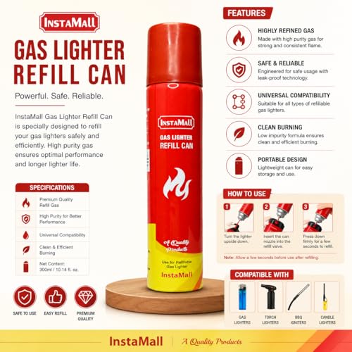 Image of INSTAMALL Windproof Refillable Ignition Flame Torch Butane Lighter with 100ml Gas Refill Can, Multicolor (Flame +Bottle)