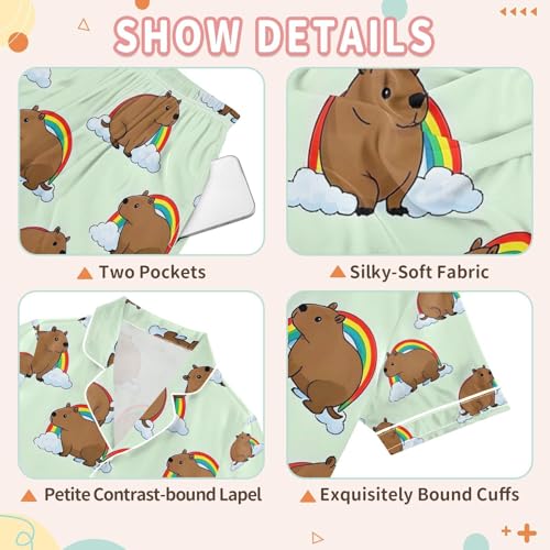 senya Capybara with Rainbow P Satin Summer Pajama Sets Silk Short Sleeve Button Down Sleepwear3