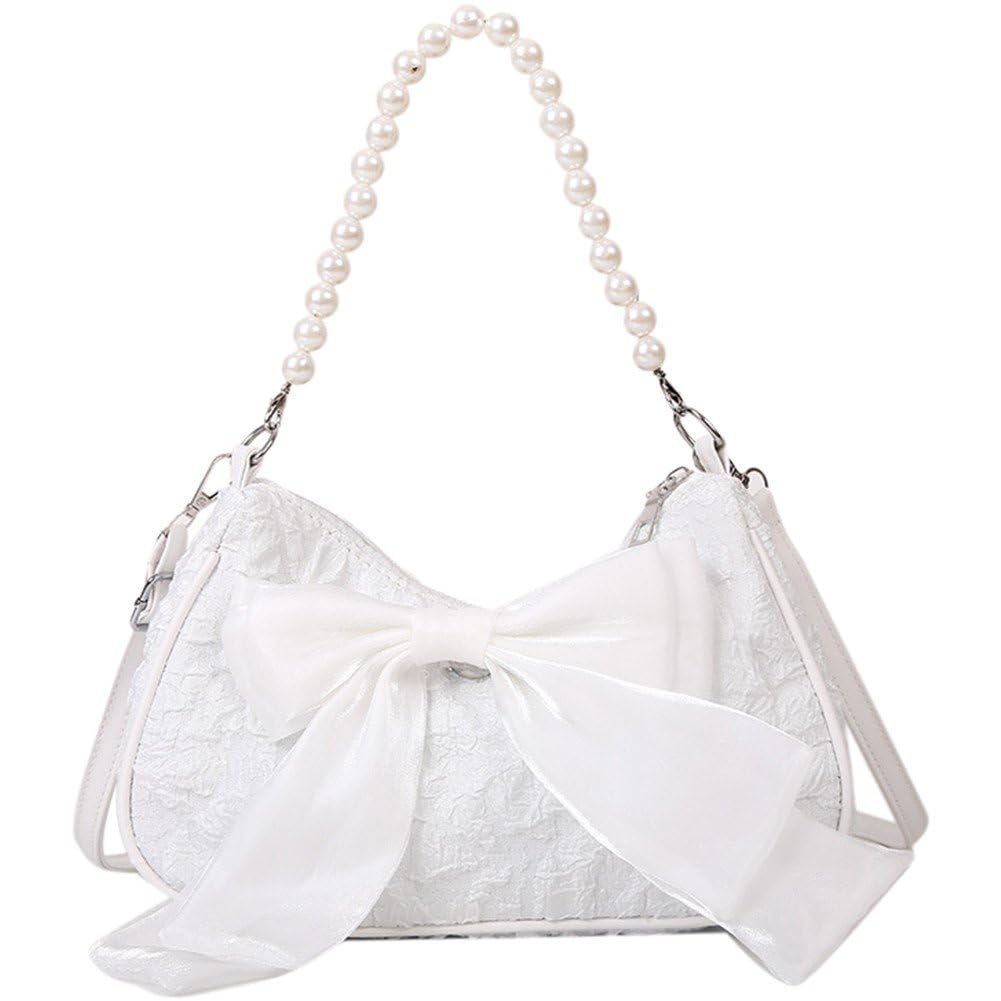 Casiler Retro Bow Handbag Bow Pearl Shoulder Bag Fashionable Pearl Armpit Bag Large Capacity Underarm Bag Sweet Crossbody Bags for Woman
