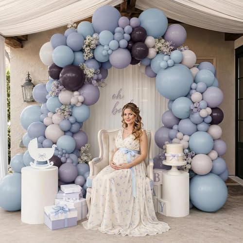 Image of Baby Blue Purple Balloon Arch Double Stuffed Lavender White Balloon Garland | Dusty Lilac Viloet Plum White Sand Balloons for Baby Shower,Birthday,Bridal,Fairy,Butterfly,BlueBerry Party Decorations