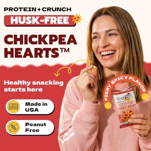 Image of Festive Chickpea Hearts - Crunchy Fiery Spicy Garbanzo Beans - Husk-Free Roasted Chickpea Snacks - Vegan Snacks with 5g Protein Per Serving Plant Based, Halal, Gluten Free, Dairy Free -1oz 12 Pack