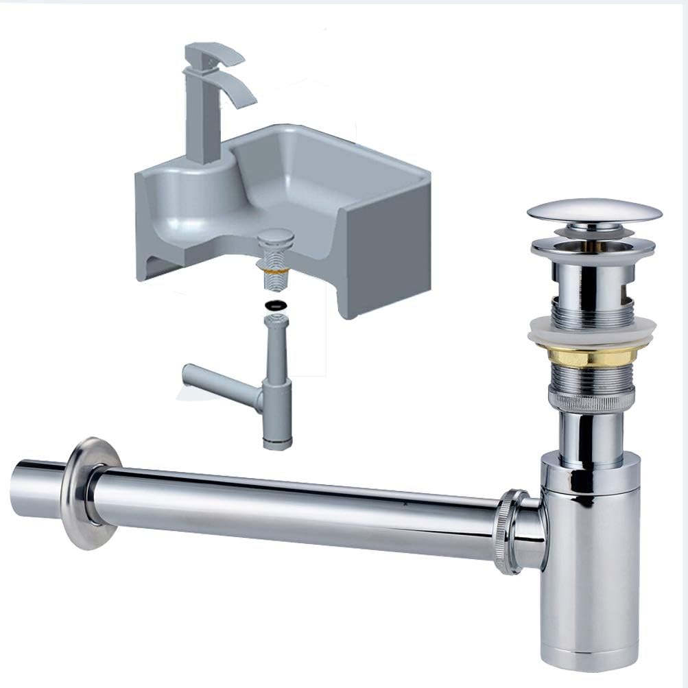 Bathroom Bottle Trap Chrome Slotted Basin Sink Trap Push Pop Up Click Clack Waste Plug P-Trap with Overflow and Deodorant Siphon Cloakroom Waste Pipe Round Chrome Adjustable Outlet