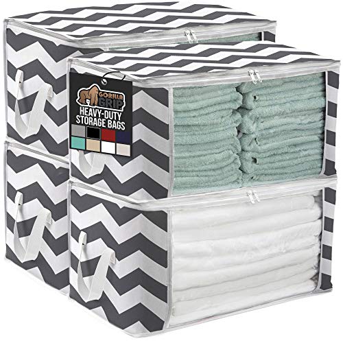 Gorilla Grip Large Capacity 4 Pack Clothes Storage Bag Organizer 90L, Reinforced Handles Thick Fabric for Blankets Bedding Clothing, Foldable Zipper Container Bags, Clear Window Closet Tote Gray White