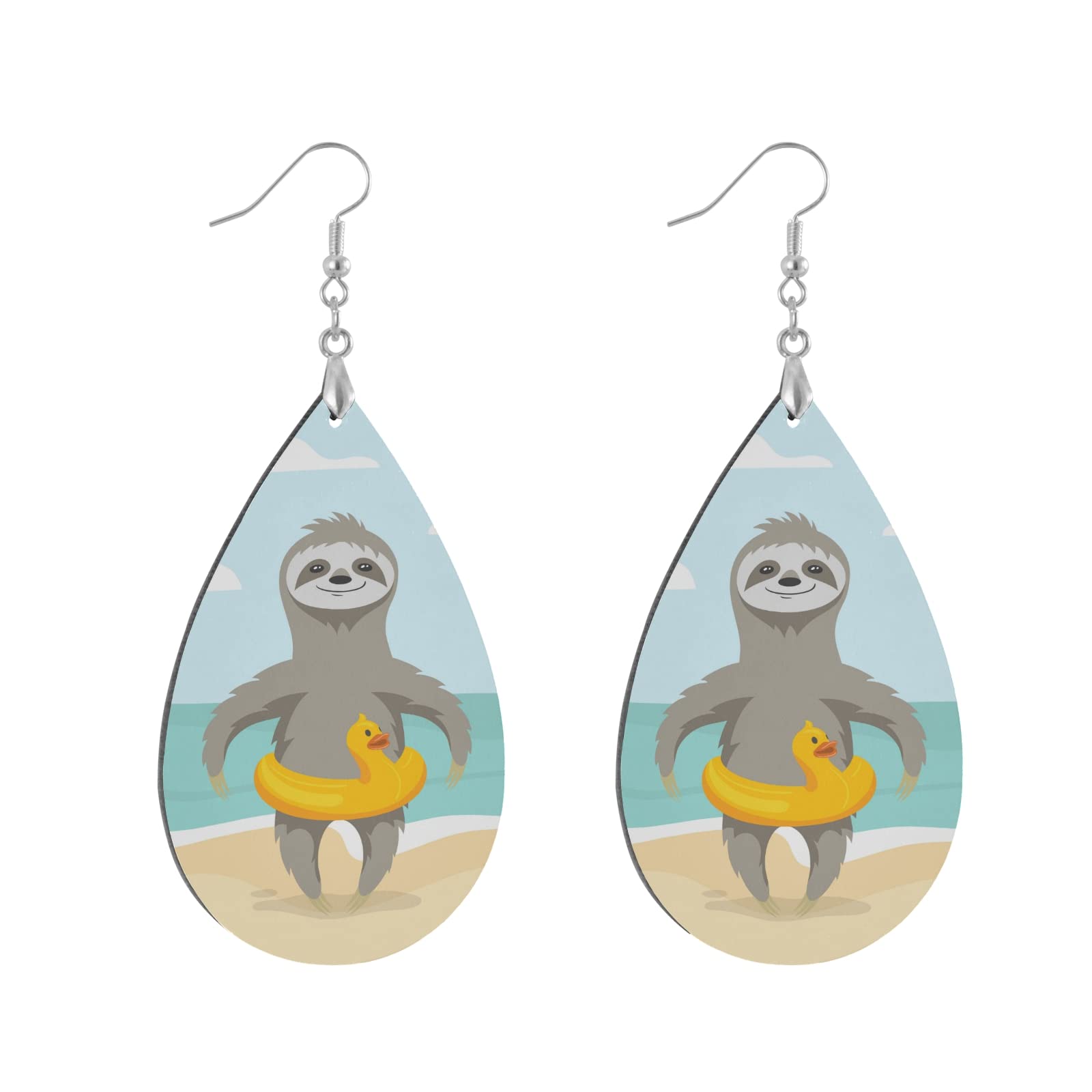 Happy Cute Sloth on Ocean Beach with Yellow Duck Inflatable Circle Wooden Dangle Lightweight Drop Earrings Copper Plated Silver Earring