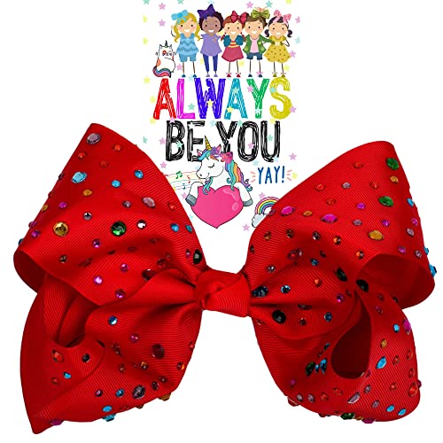 Rhinestone Large 8 Inch Hair Bow for Girls, Toddlers - Jumbo Cheer Ribbon Fashion Accessory, Gift (Red)