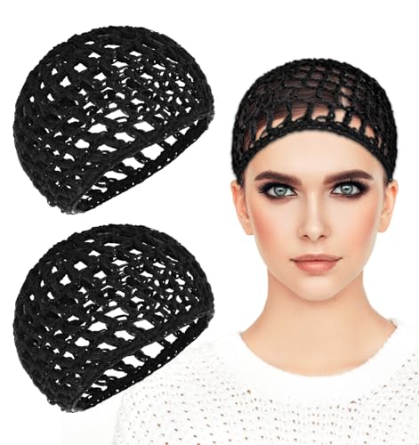 Hair Wrap Net for Silk Press, 2Pcs Comfortable Hair Wrap Cap for Sleep, Mesh Crochet Nets Reusable Elastic Cap for Sleeping Shower Makeup, Holds in Place All Night, Black