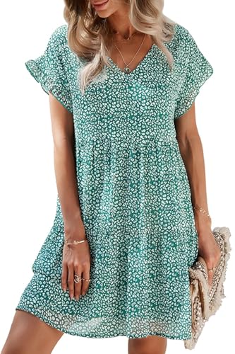 Yutdeng Vestido Corto Mujer Verano Vestido Casual Gasa Manga Corta de Volantes Cuello V Estampado Floral Vestidos Playa Vestido Bohemio Suelto Fresco Vestidos de Verano Elegantes,Verde,S