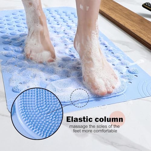 Image of VHKD PVC Bathroom Door Bath mat Anti Slip Skid with Foot Scrubber for Room Shower Suction Cups Drain Holes Silicone Floor mat Rectangle (Blue) 70x35cm