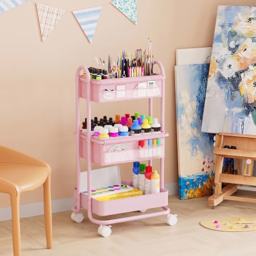 Image of Modanais Baby Diaper Caddy Organizer Cart - 3 Tier Rolling Storage Cart with Wheels, Baby Essentials for Nursery Storage, Detachable Dividers - for Crib, Bedroom, Art & Craft Organizer (Pink)