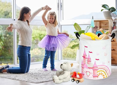 Image of MAIZMZ Kids Hamper Pink Castle Storage Bins Organizer Toy Box Laundry Basket Large Canvas Collapsible Chest for Home /Dorm /Kitchen /Pet /Office /Closet /Shelf /Gift Baskets