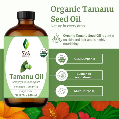 Image of SVA Organic Tamanu Seed Carrier Oil, Huge Glass Bottle, 32 Fl Oz (946 ml) | Tamanu Oil for Face Care, Skin Care, Facial Oil, Hair Care, Scalp Massage, Body Massage, Dilution & DIY Beauty Blends