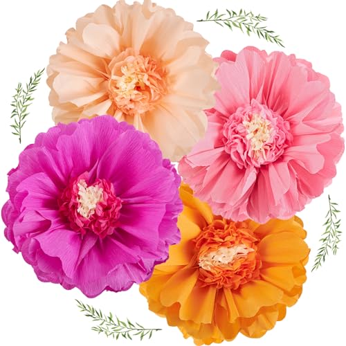 EASY JOY 4 Uds. 20 decoraciones para fiestas de color rosa y naranja, papel gigante, flores de papel, decoración de primavera, flores, cumpleaños, fiestas, pompones de papel de seda