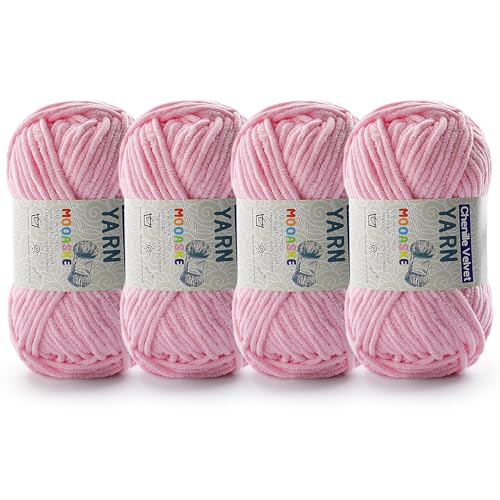 Image of 4 Pac Chenille Yarn for Crocheting - Blanket Yarn for Crocheting - Fluffy Yarn for Crochet, Baby Yarn for Crocheting Soft Blankets Weight Per Roll 50g /1.76oz, Length 60m /65yard (Light Pink)