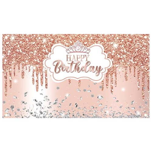 Happy Birthday Banner Backdrop Decorations, Rose Gold Party Backdrop Banner Party Background Decor Photography Poster for Kids Girls Women Birthday Supplies 110x180cm