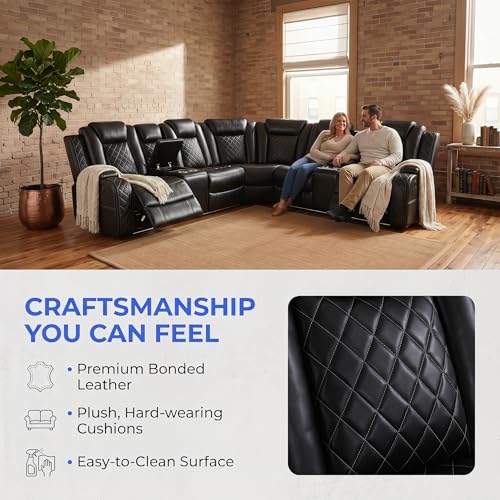 Image of Power Reclining Sectional Sofa for Living Room,Modern L-Shaped Air Leather Sectional Couch Set,Recliner Sofa Set,with LED Lights,Cup Holder,Storage,Charging Ports,Home (Blcak)