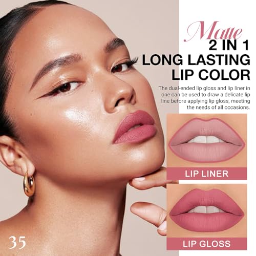 Image of evpct 1Pcs Mauve Pink Matte Lip Liner and Liquid Lipstick Stain Makeup Set for Women, Light Mauve Long Lasting Smudge Proof Lipstick labiales matte mate larga duracion listip 24 hours originales, 35#