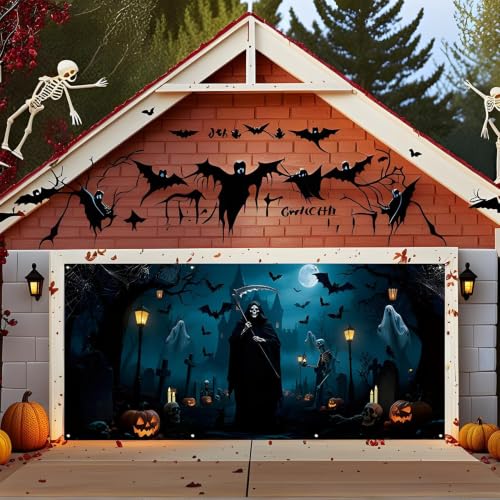 Pancarta de Halloween para puerta de garaje y decoración exterior de tela resistente 8