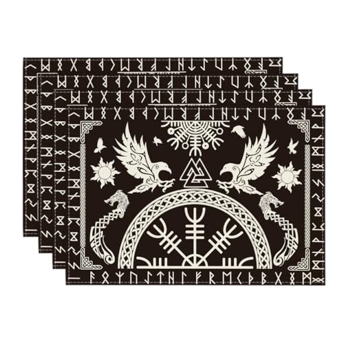 Artoid Mode Wikinger Baum des Lebens Rabe Helm der Ehrfurcht Platzsets 4er Set, 30x45cm Urlaub Tischsets Waschbar Platzdeckchen Küche Party Deko