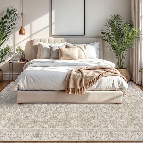 8x10 Area Rugs for Living Room Cream Beige White Grey, Machine Washable Large Area Rug Non-Slip, Ultra Soft Vintage Floral Tribal Farmhouse Carpet for Dining Room Bedroom Home Décor