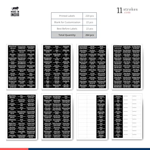 Image of 11 Strokes Pack Of 260 Pcs Printed Kitchen Stickers For Jars -Waterproof,Pre-Printed Stickers For Kitchen Containers-Labels For Kitchen Containers,260 Labels