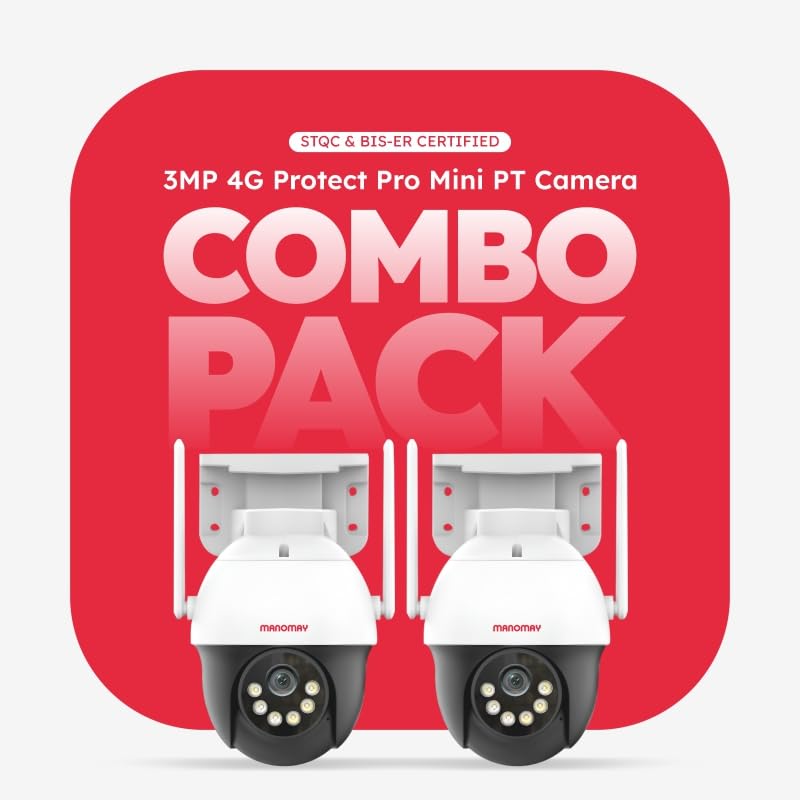 Image of MANOMAY 3MP 4G Protect Pro Mini PT CCTV Camera Pack of 2 | SIM Based Outdoor Security Camera | STQC Certified | AI Human Tracking | Color Night Vision | Two-Way Audio | IP66 | Alexa (M1094S)