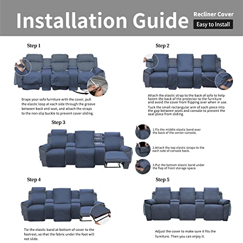 Image of Easy-Going Recliner Sofa Cover with Console, Reversible Couch Cover for Living Room, Split Sofa Cover for Each Seat with Elastic Straps for Kids, Dogs, Pets (3 Seater, Dark Blue /Light Blue)