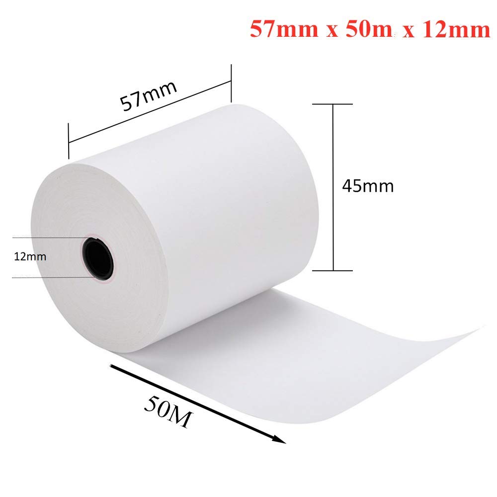 Lot de 50 rouleaux de papier thermique de rechange - 57 mm x 12 mm - Convient pour caisse, caisse enregistreuse POS et calculatrices de bureau imprimées (blanc, 50 rouleaux/L : 50 m)