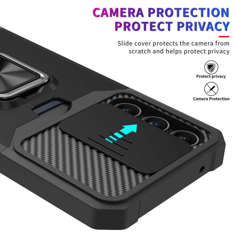 Image of LuxuryKase Shockproof Armor Case for Samsung Galaxy S24 Plus | Slide Camera Cover | Hidden Card Slot | Rotating Ring Kickstand | Magnetic Car Mount Support | Military Grade Protection - Black