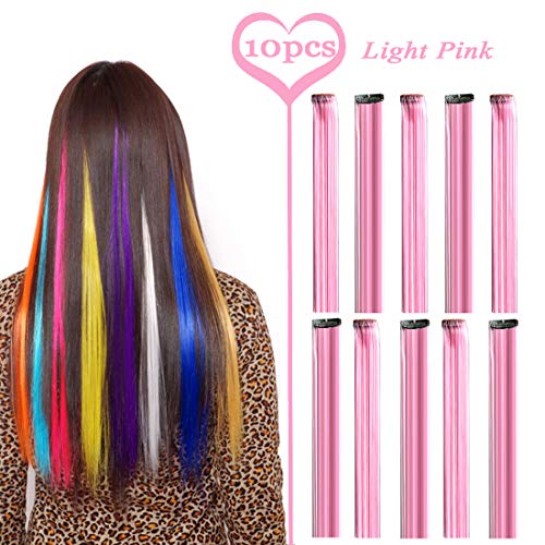BURHAIR 22 Inch Colored Highlights Straight Hair Clip Extensions Synthetic Hairpieces for Halloween, Party Pink Colors 10 Pieces Extensions
