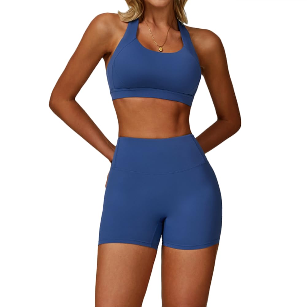 JPXJGT Women Gym Wear Workout Clothing Sports Fitness Bra Yoga Shorts Suit Set.(Size:S,Color:Blue)