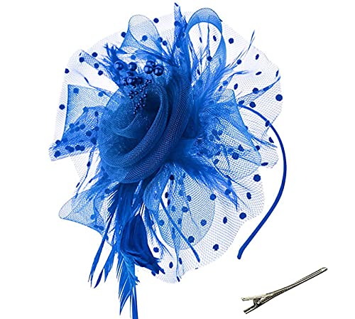Fghuim Women's Organza Church Kentucky Derby British Bridal Tea Party Wedding Hat Feather Hair Clip Fascinators Hat (Royal Blue) #TOP1