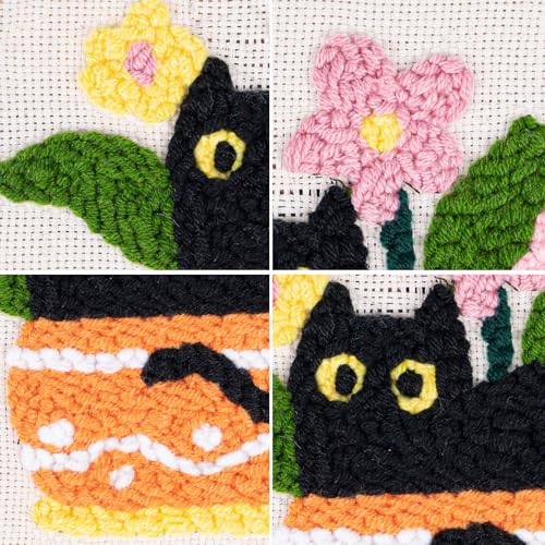 Image of Louise Maelys Cat Plant Pattern Embroidery Kit for Beginners | Pre-Printed Fabric, Hoop, Rug Handle Pen, Yarns. Cross Stitch Kits with Cat Design. DIY Needle Point Kits