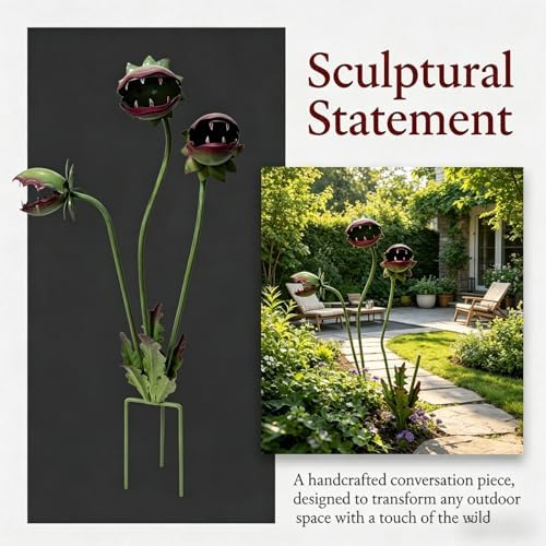 Whimsical Metal Carnivorous Plant Garden Stake Carnivorous Plant Stake Venus Flytrap Monster Plant Sculptur Outdoor Decorative Stake for Lawn Garden Patio Yard Decor Garden Gift (2pcs) - 4