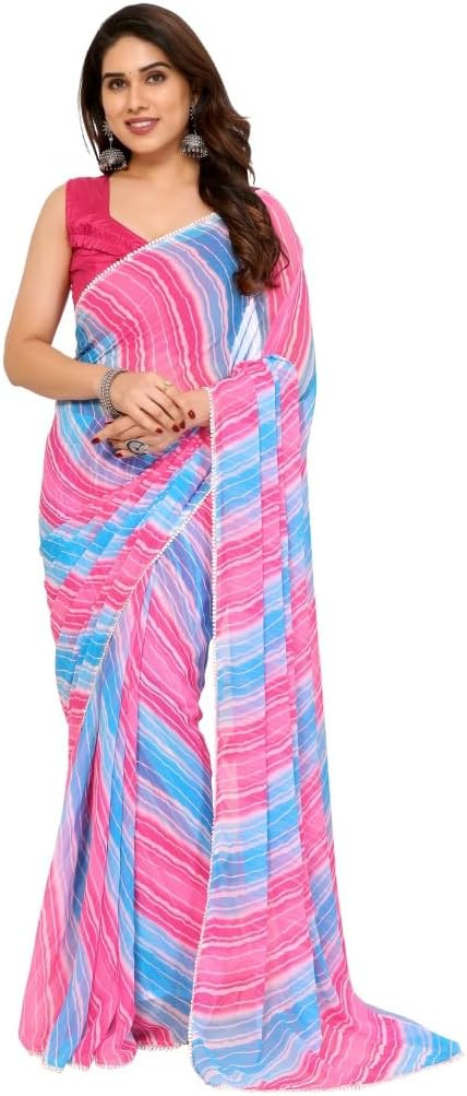 MOHIT CREATIONS Women's Party Wear Georgette Printed Border Ready To Wear Saree With Unstiched Blouse Piece
