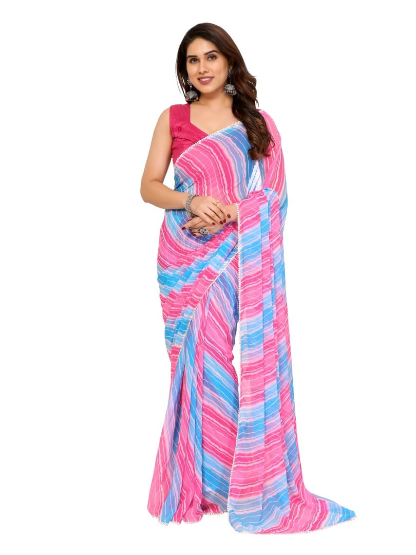 MOHIT CREATIONS Women's Party Wear Georgette Printed Border Ready To Wear Saree With Unstiched Blouse Piece