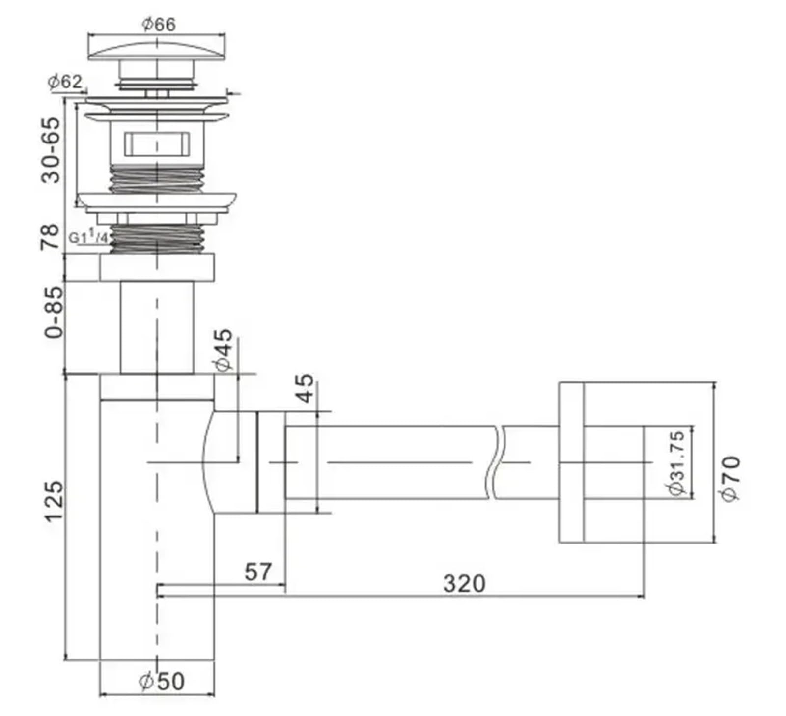 Sifón de latón for lavabo baño, 30 cm longitud, con sifón en forma P dorado cepillado y desagüe emergente sin ranuras, colador ranurado Para Lavabo De Baño y Lavabo(Without hole)