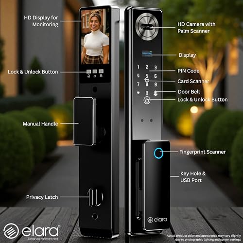 Image of Elara Apex Edge Smart Door Lock, Fingerprint, Card, App, OTP, Keys, PIN Unlock, Palm Unlock, Face Recorganisation, Alarm Alert, Bluetooth & WiFi. (Apex Edge)