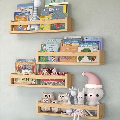 Image of NATURE SUPPLIES Set of 4, 23.1 Inch Floating Shelves for Wall, Kids Bookshelf for Bedroom, Nursery Storage for Books, Wooden Wall Shelves for Nursery Decor, Natural Wood